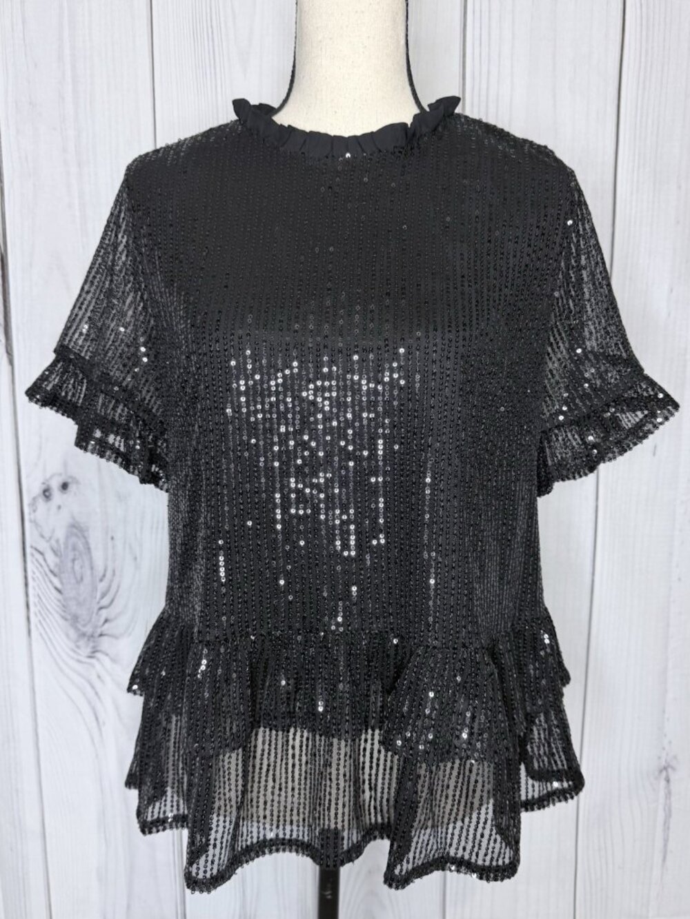 Andree by Unit Black Sequin Top Sz L Short Sheer Sleeves Keyhole Neck NWT